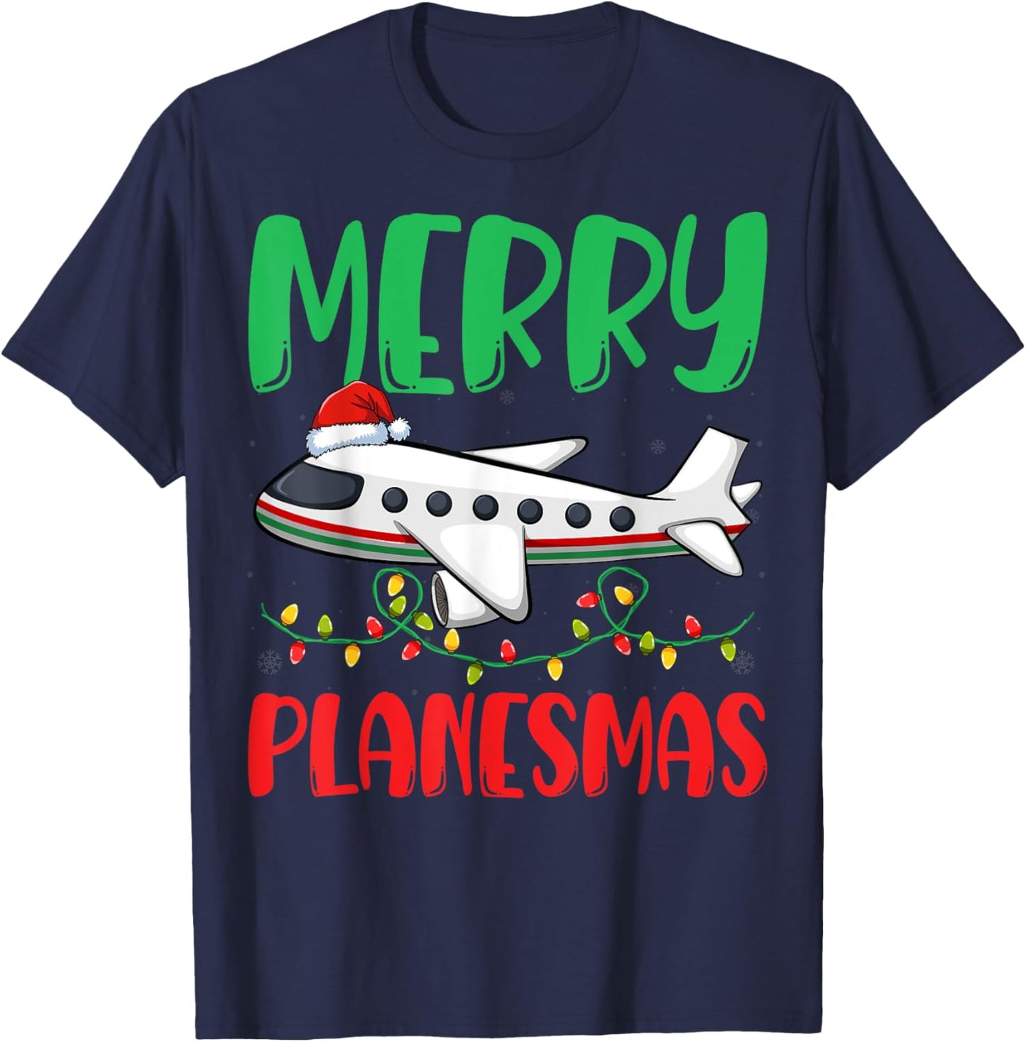 Merry Planesmas Xmas Lights Airplane Pilots Christmas T-Shirt - T-Shirt | Navy