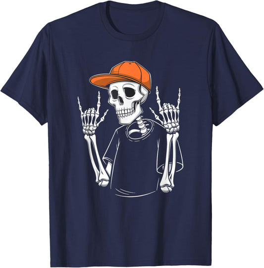Cool Skeleton Rocking Orange Hat Funny Halloween Skull Art T-Shirt - T-Shirt | Navy