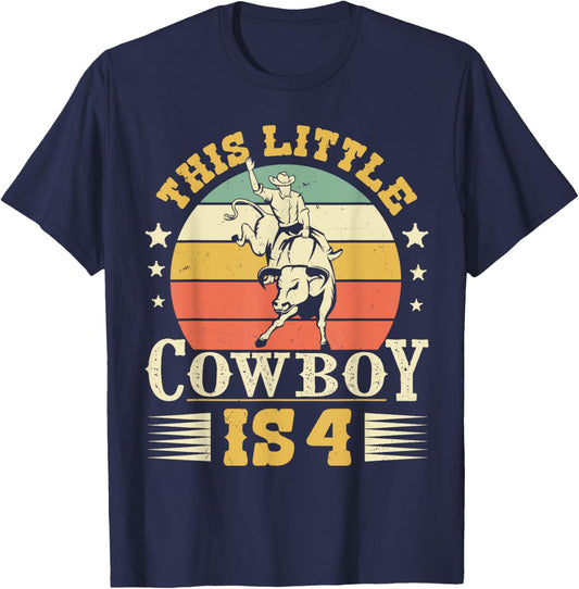 This Little Cowboy Is 4 Western Country Rodeo 4th Birthday T-Shirt - T-Shirt | Navy