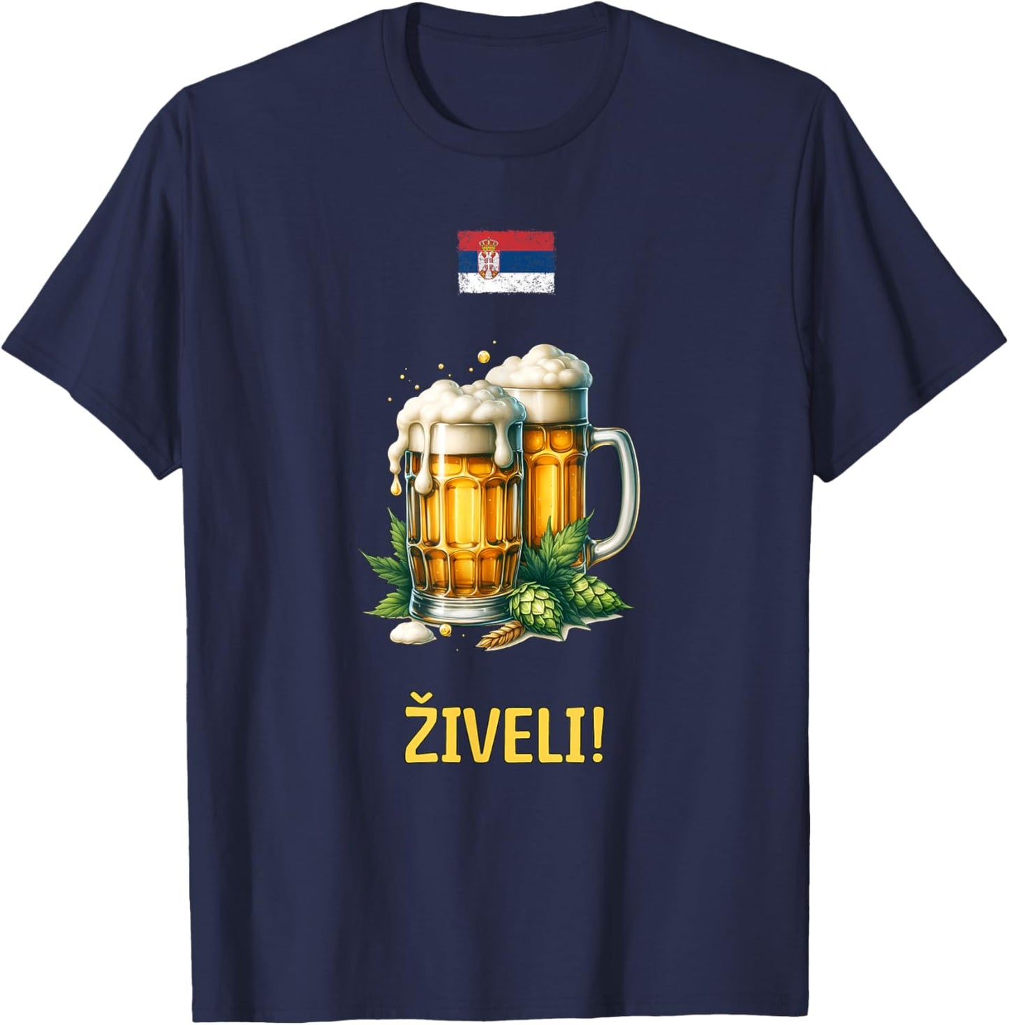 Živeli! Cheers in Serbian with Beer Mugs and Flag T-Shirt - T-Shirt | Navy