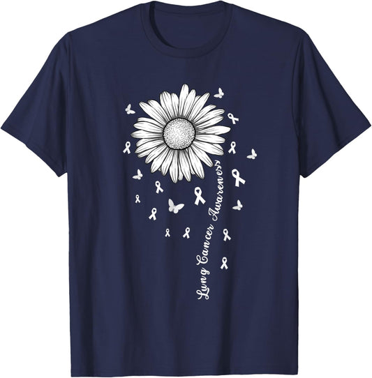 Support Lung Cancer Awareness Month Flower White Ribbon T-Shirt - T-Shirt | Navy