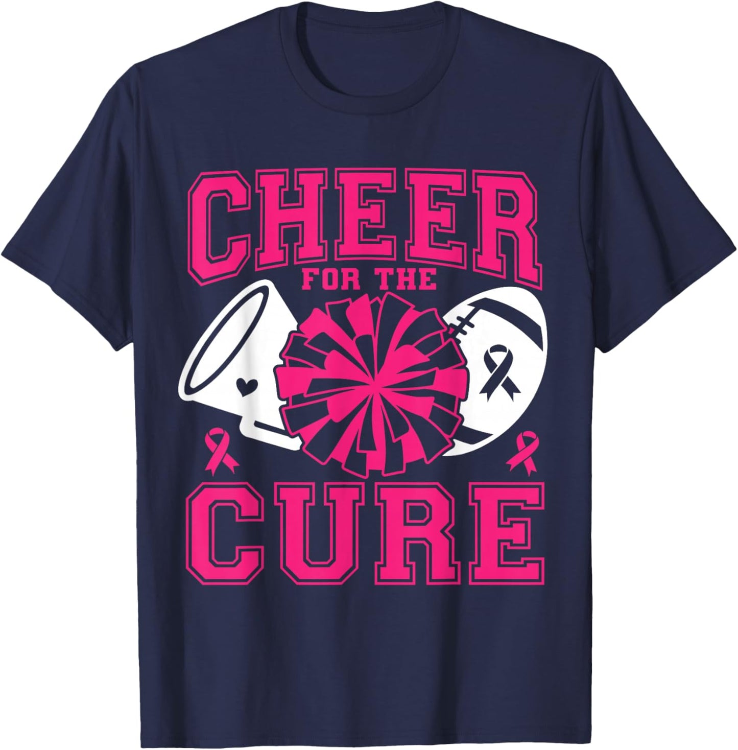 Cheer For The Cure Breast Cancer Awareness Pink Ribbon T-Shirt - T-Shirt | Navy