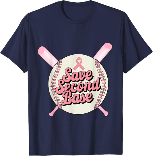 Save Second And Base Funny Softball Breast Cancer Awareness T-Shirt - T-Shirt | Navy