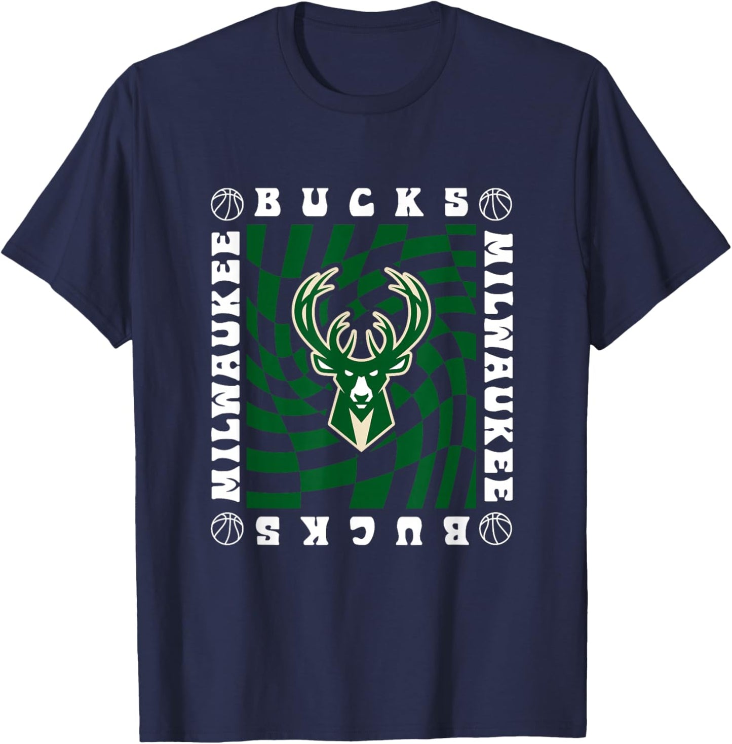 NBA Milwaukee Bucks Retro Checkerboard Wave T-Shirt - T-Shirt | Navy