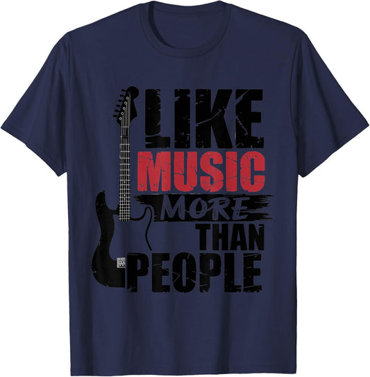 I Like Music More Than People Distressed Guitar Music Lover T-Shirt - T-Shirt | Navy