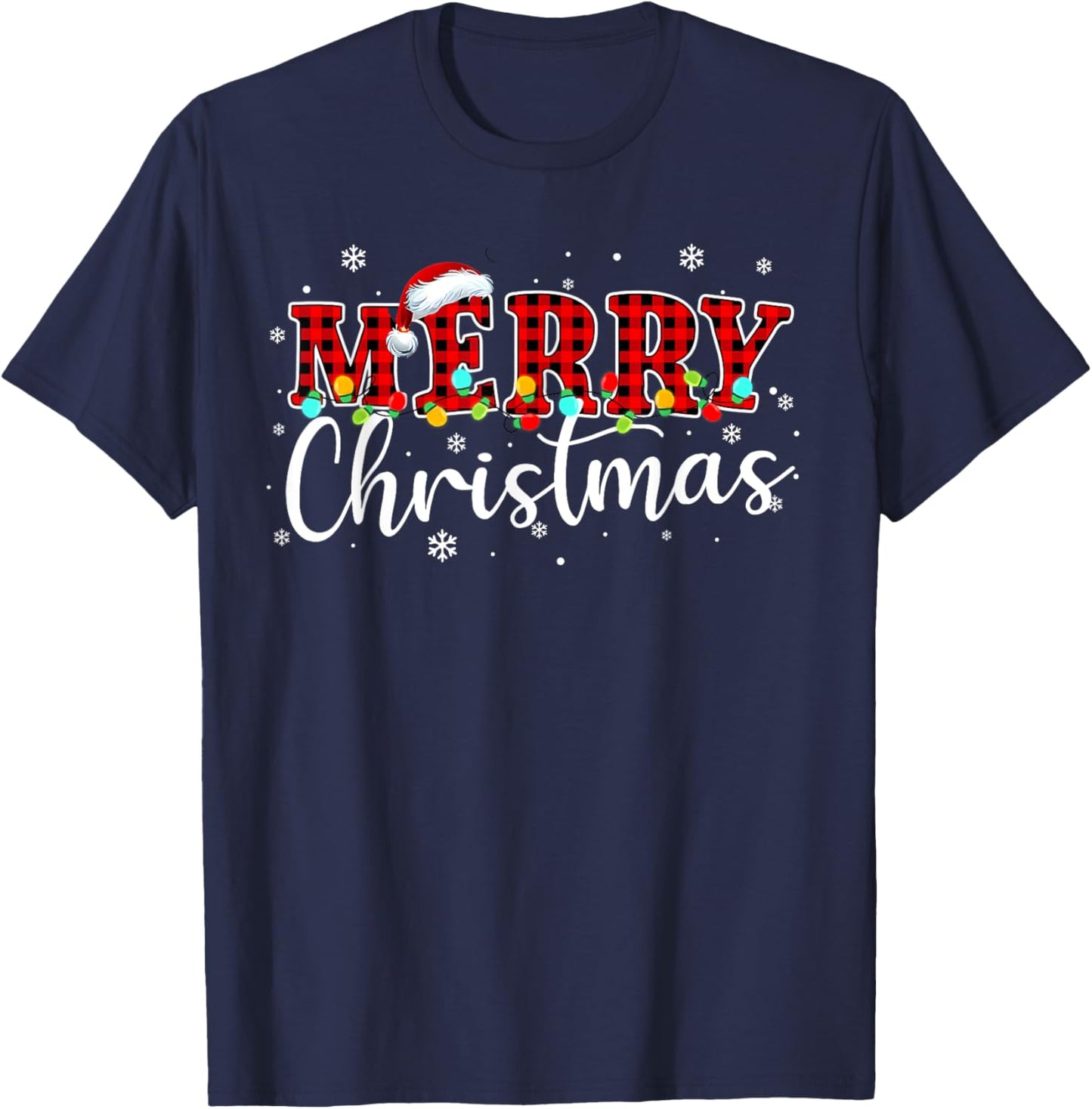 Merry Christmas Buffalo Plaid Red Santa Hat Xmas Pajamas T-Shirt - T-Shirt | Navy