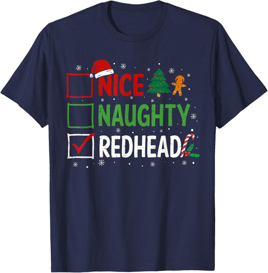 Naughty Nice Redhead Christmas Pajamas Santa Claus Xmas T-Shirt - T-Shirt | Navy