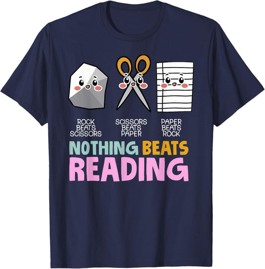 Nothing Beats Reading Rock Paper Scissors Funny T-Shirt - T-Shirt | Navy