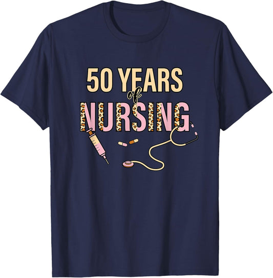 50 Years of Nursing 50th Nurse Anniversary Leopard Print T-Shirt - T-Shirt | Navy