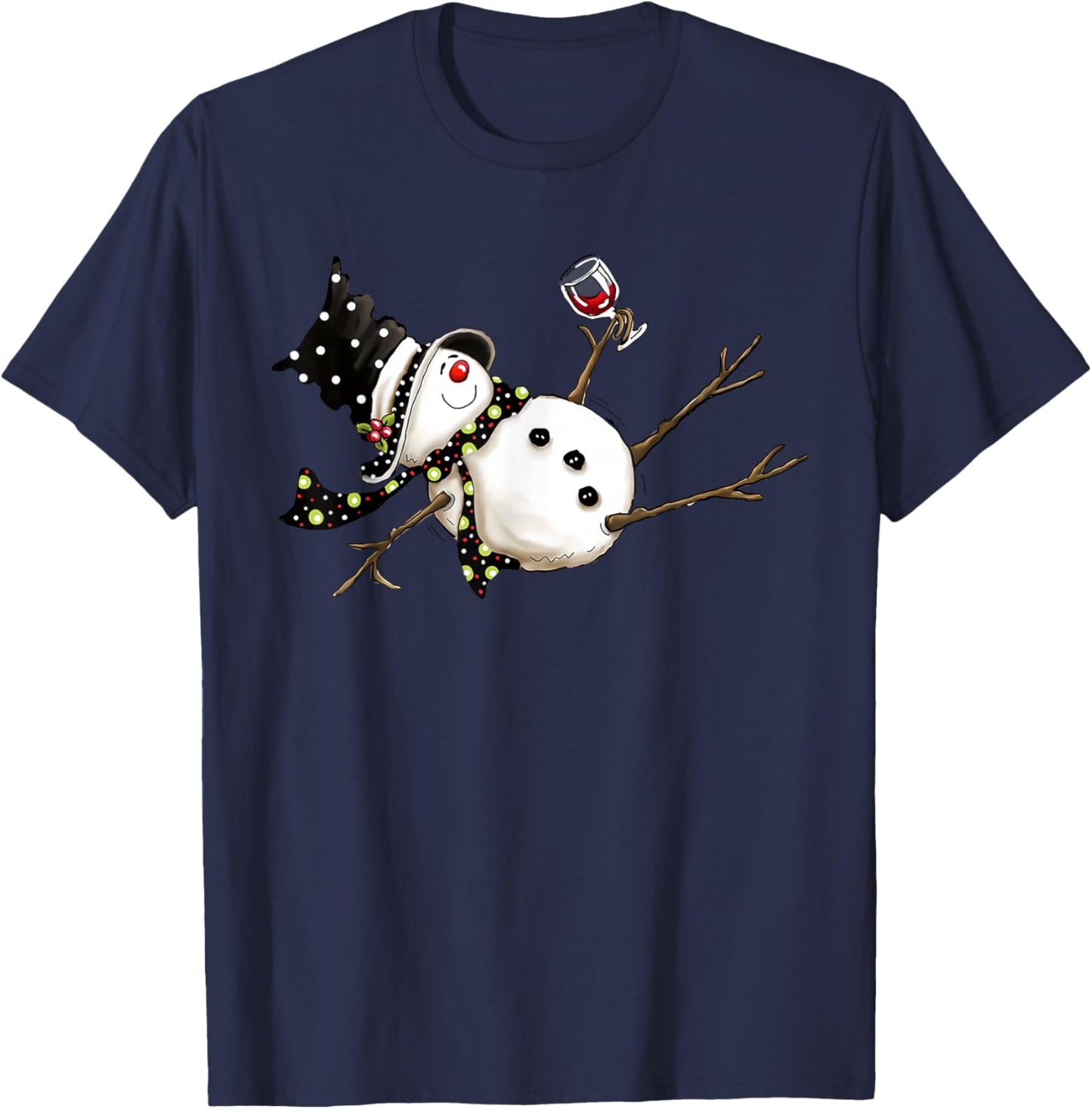 Funny Drunk Snowman Drinking Wine Glass Merry Christmas T-Shirt - T-Shirt | Navy