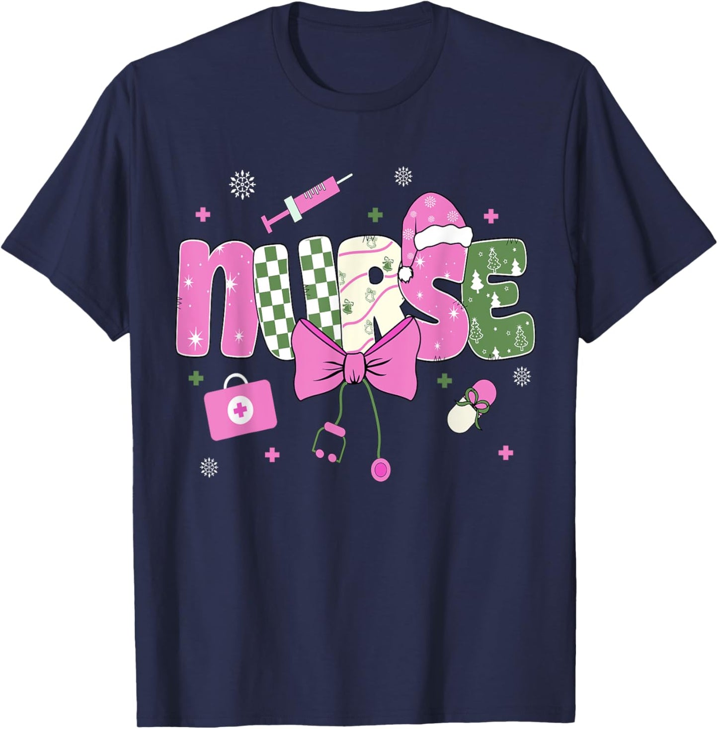 Nurse Christmas Santa Hat Stethoscope Nurses Xmas Pajamas T-Shirt - T-Shirt | Navy
