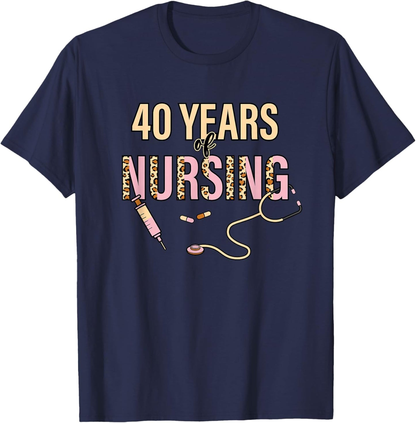 40 Years of Nursing 40th Nurse Anniversary Leopard Print T-Shirt - T-Shirt | Navy