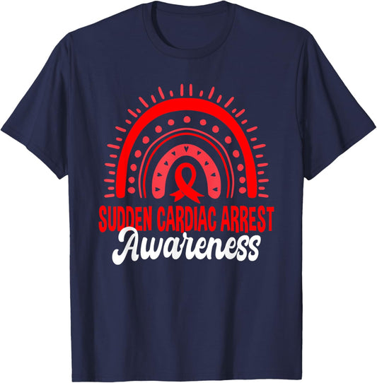 Sudden Cardiac Arrest Awareness Boho Rainbow Red Ribbon T-Shirt - T-Shirt | Navy