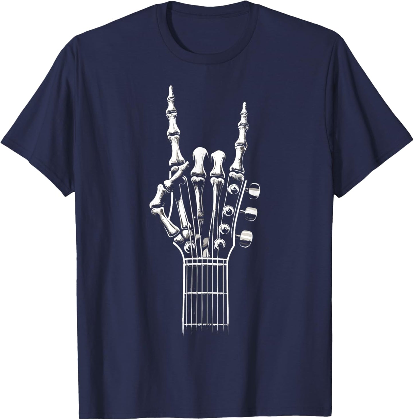 Guitar Skeleton Hand Sign Retro Rock and Roll T-Shirt - T-Shirt | Navy