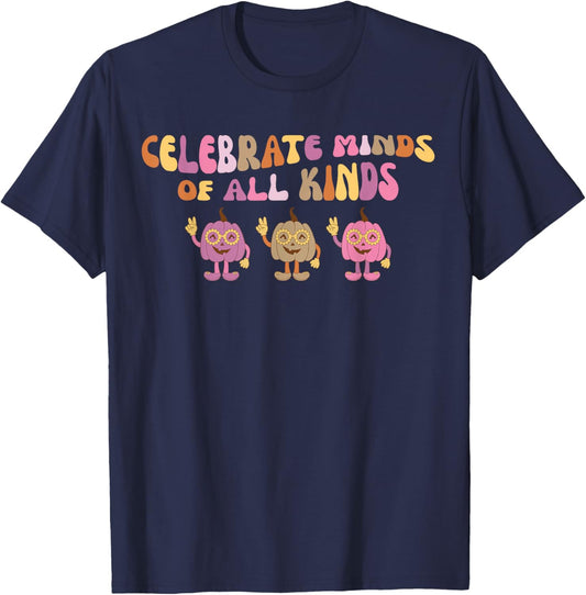 Groovy Celebrate Minds Of All Kind Pumpkin Sped Teacher Fall T-Shirt - T-Shirt | Navy