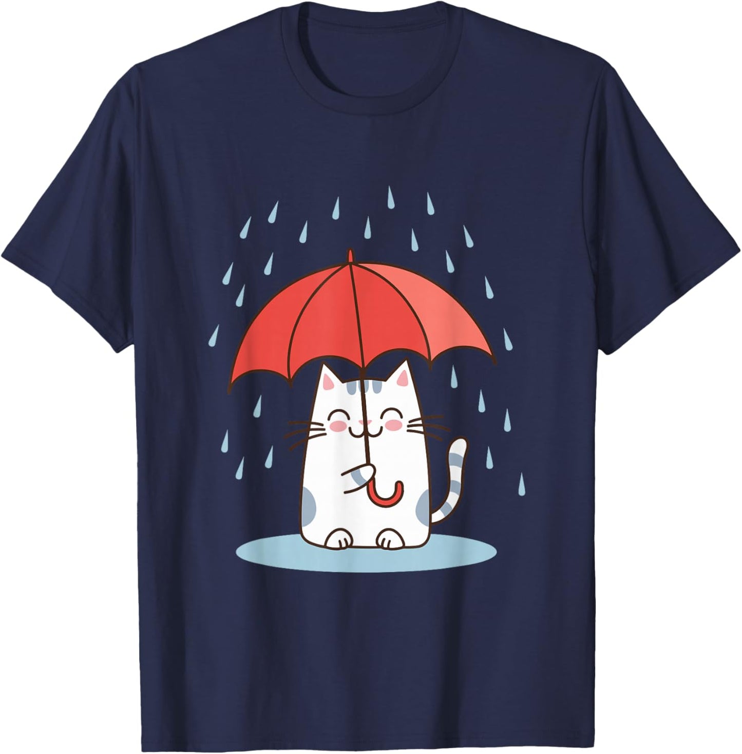 Raining Cat Under Umbrella Autumn Cat T-Shirt - T-Shirt | Navy