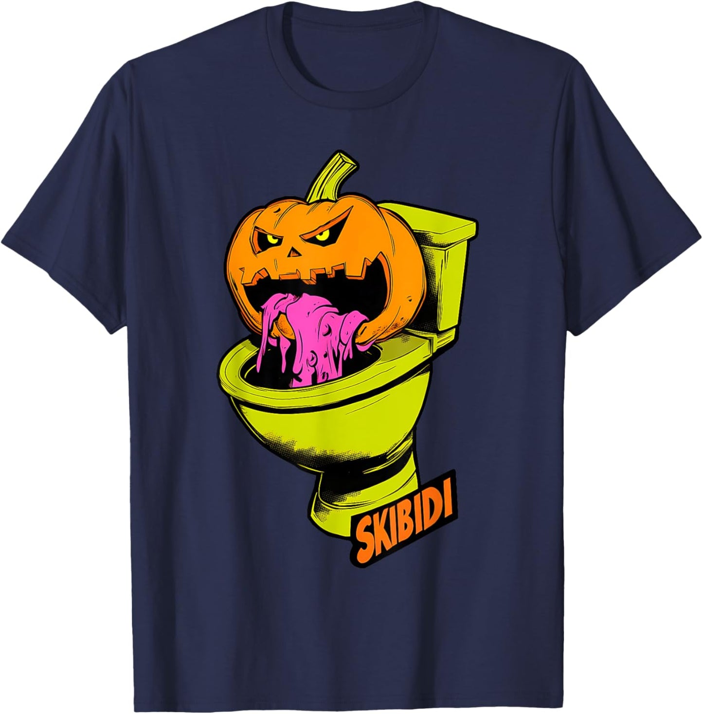 Skibidi Pumpkin Funny Halloween Toilet Kids Fun Crazy Slang T-Shirt - T-Shirt | Navy