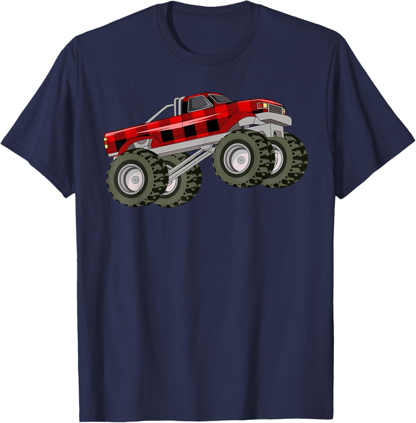 Buffalo Plaid Christmas Monster Truck Pajama Toddlers Youths T-Shirt - T-Shirt | Navy