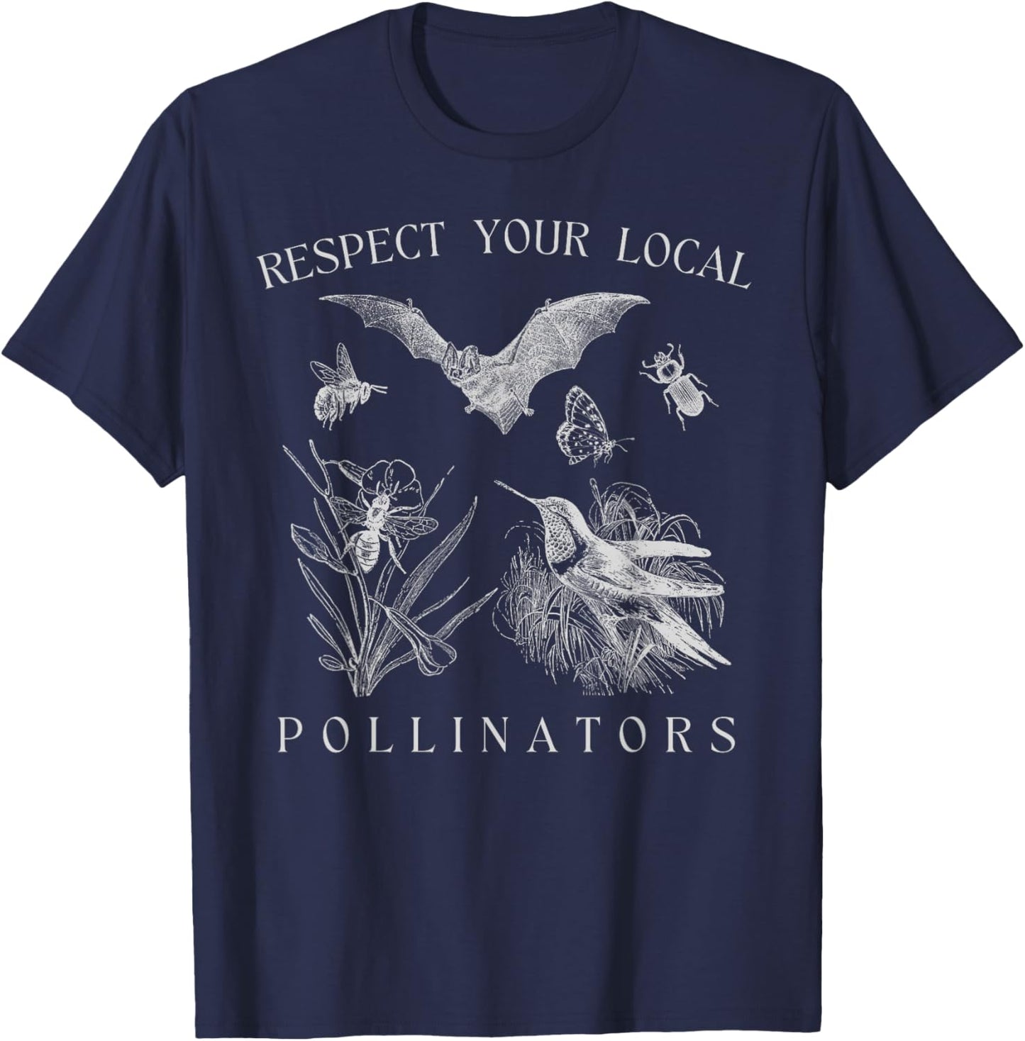 Respect Your Local Pollinators | Vintage Bug Pollinator T-Shirt - T-Shirt | Navy