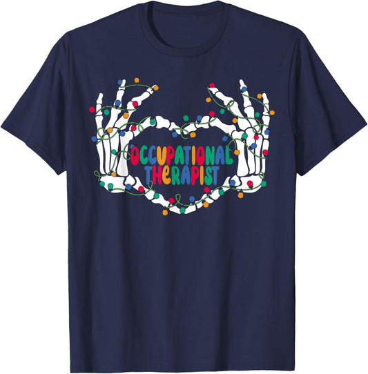 OT Occupational Therapy Skeleton Hand Heart Christmas Light T-Shirt - T-Shirt | Navy
