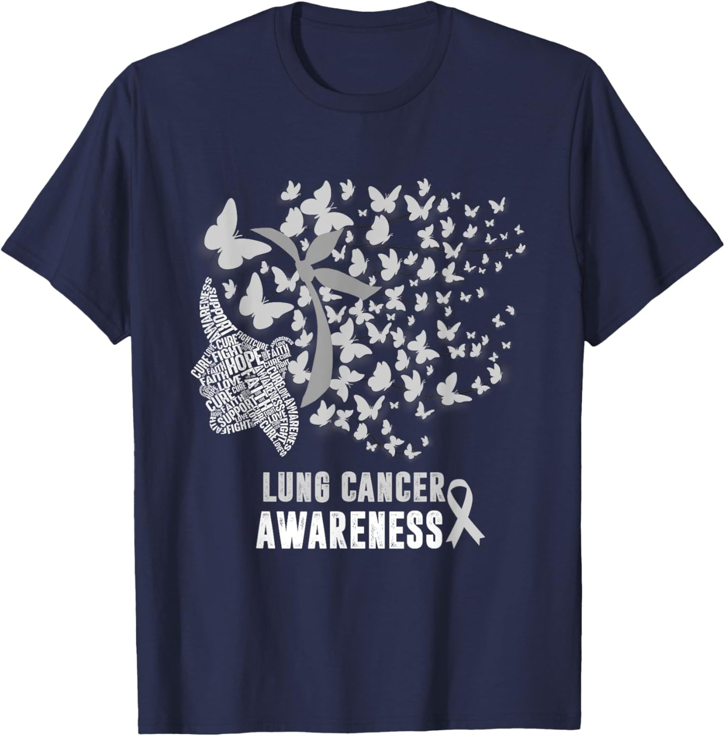 Lung Cancer Awareness Messy Butterfly White Ribbon T-Shirt - T-Shirt | Navy