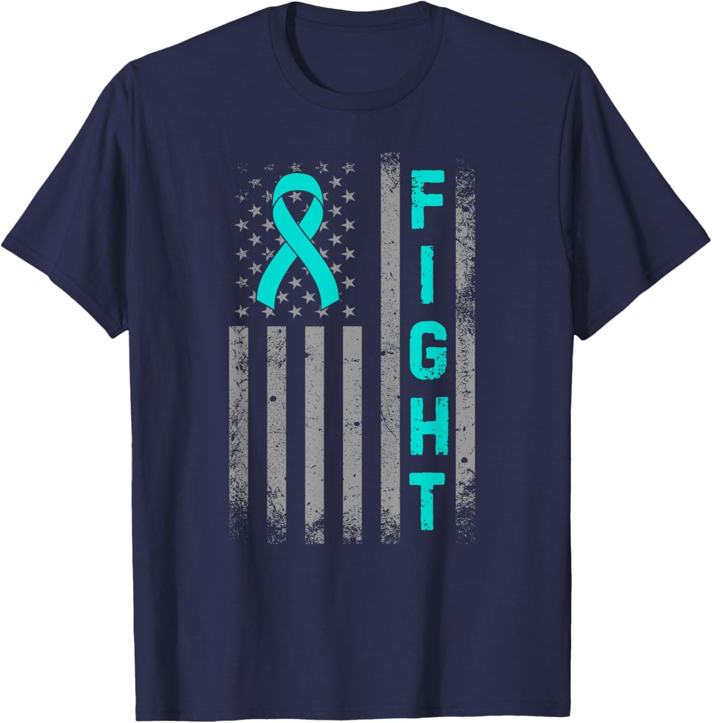 Fight Ovarian Cancer Awareness American US Flag Teal Ribbon T-Shirt - T-Shirt | Navy