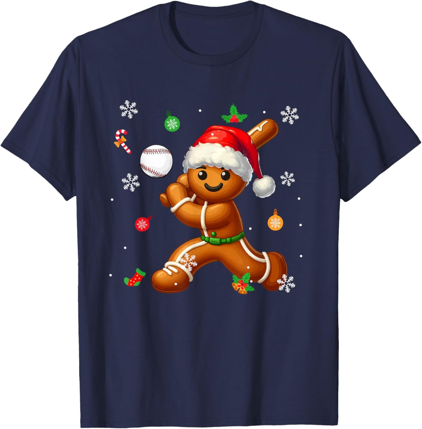 Gingerbread Playing Baseball Christmas Player Kids Family T-Shirt - T-Shirt | Navy