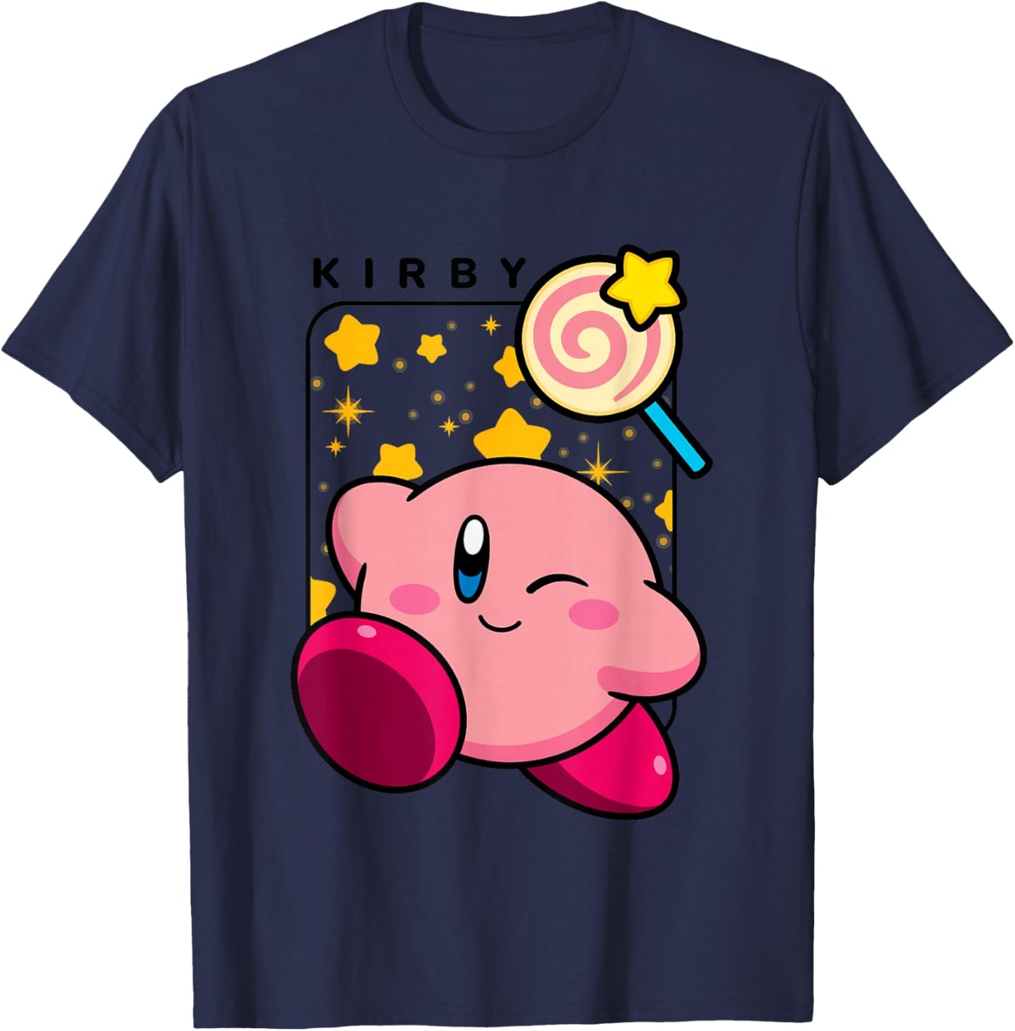 Kirby Lollipop & Stars Big Cute Nintendo Portrait T-Shirt - T-Shirt | Navy