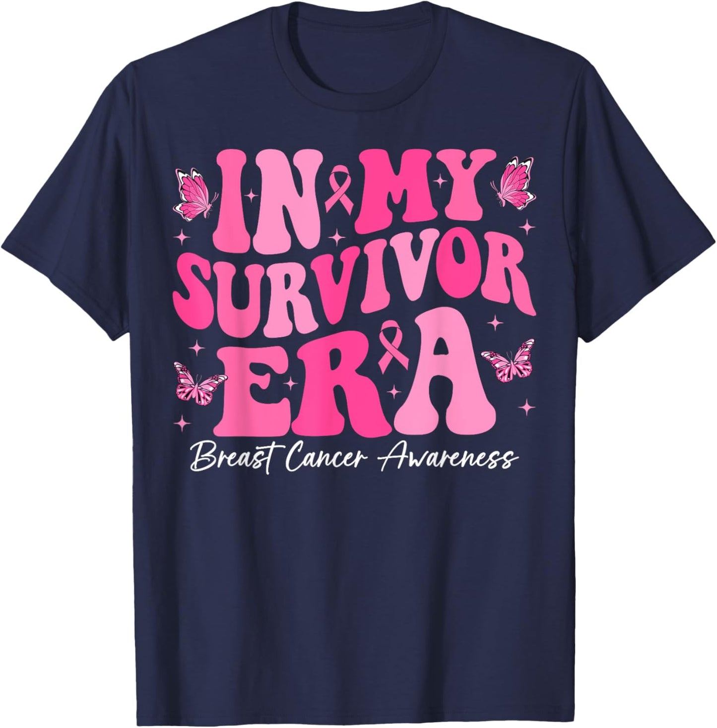 In My Survivor Era Retro Groovy Breast Cancer Awareness T-Shirt - T-Shirt | Navy