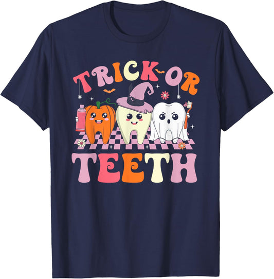 Funny Halloween Shirts Dentist Dental Squad Trick or Teeth T-Shirt - T-Shirt | Navy