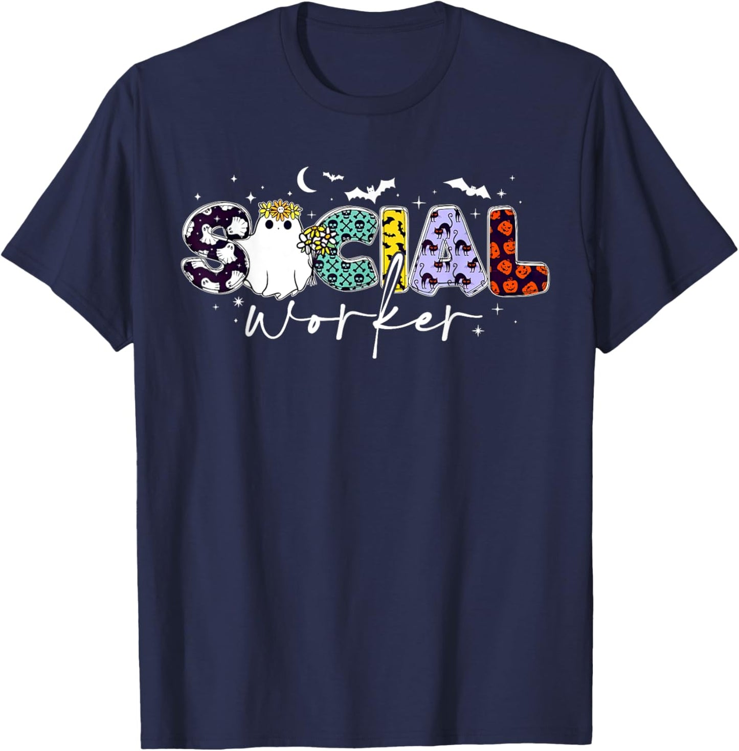 Retro Social Worker Ghost Halloween Funny School Social Work T-Shirt - T-Shirt | Navy