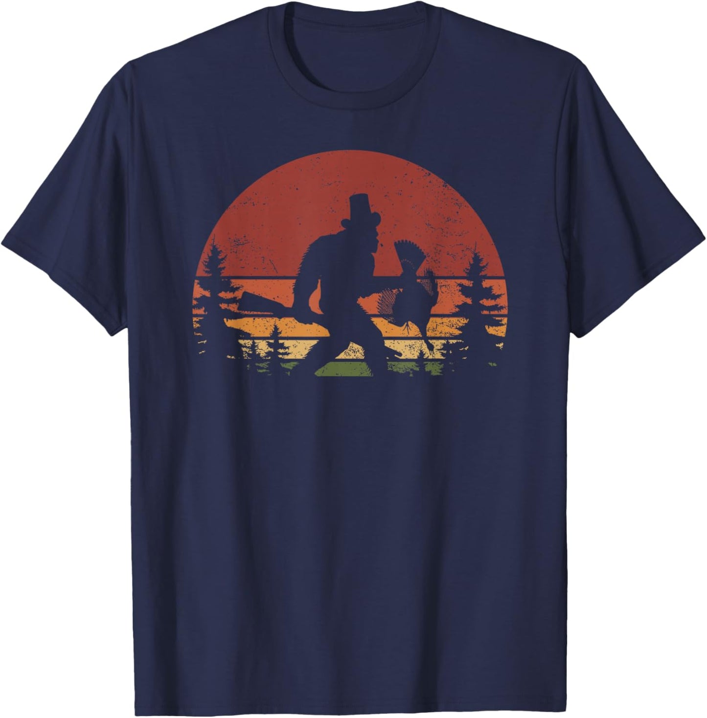 I Heart Cryptids Co. -Adults & Kids Retro Bigfoot Turkey Thanksgiving - Black, Small T-Shirt - T-Shirt | Navy