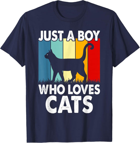 Vintage Just A Boy Who Loves Cats Boy Kid Cat Lover For Boys T-Shirt - T-Shirt | Navy