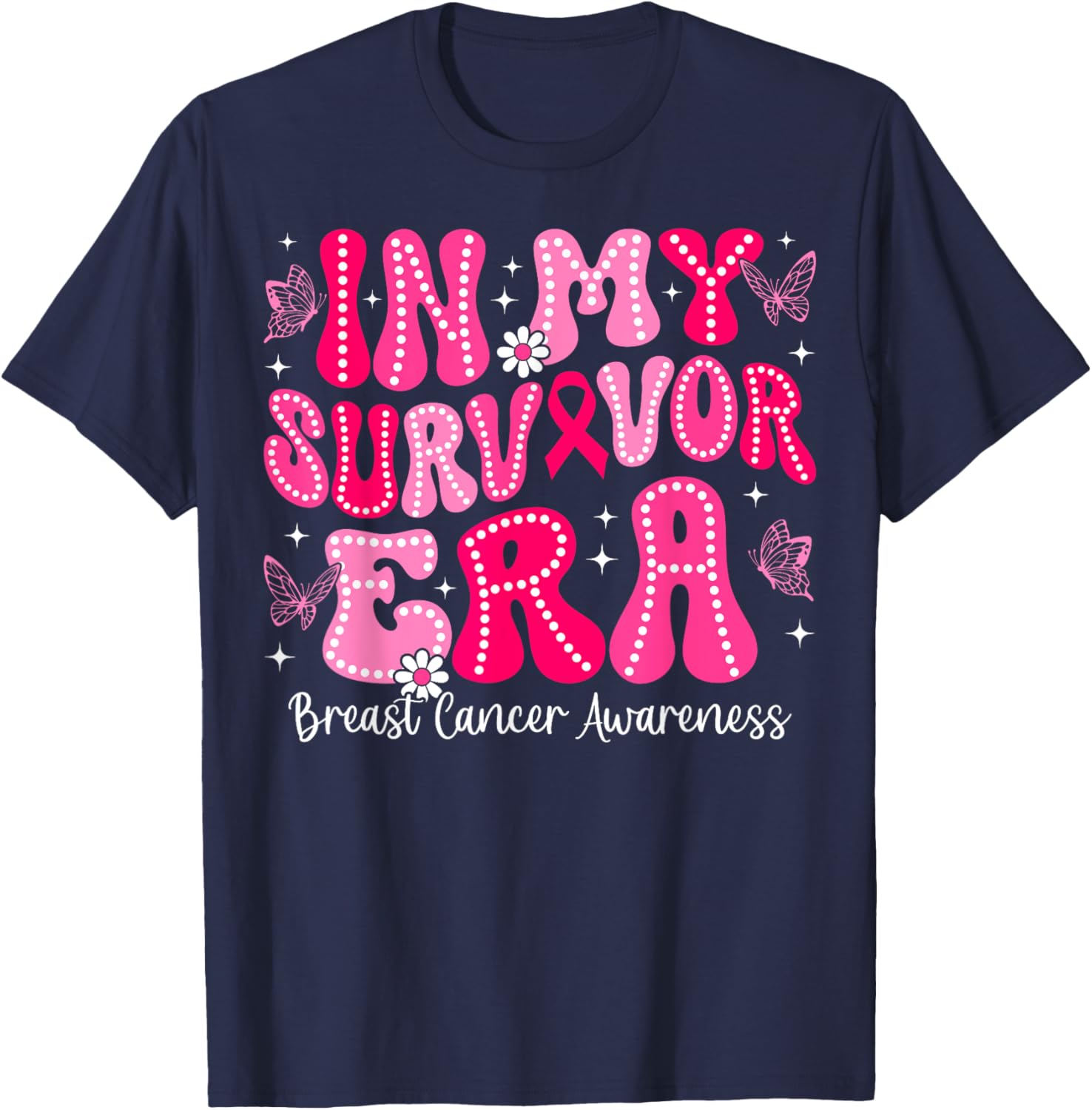 In My Survivor Era Retro Groovy Breast Cancer Awareness T-Shirt - T-Shirt | Navy
