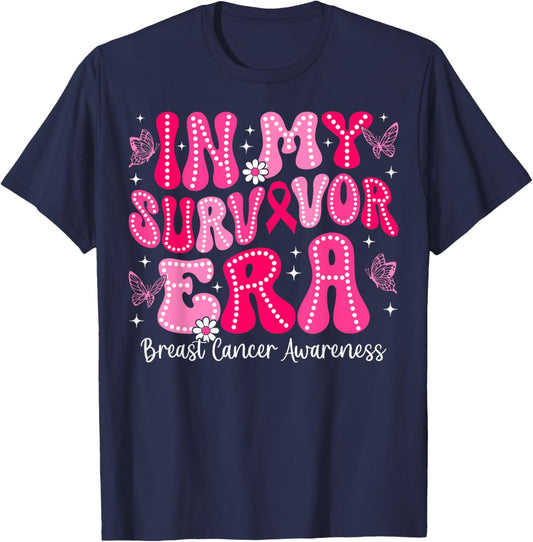 In My Survivor Era Retro Groovy Breast Cancer Awareness T-Shirt - T-Shirt | Navy