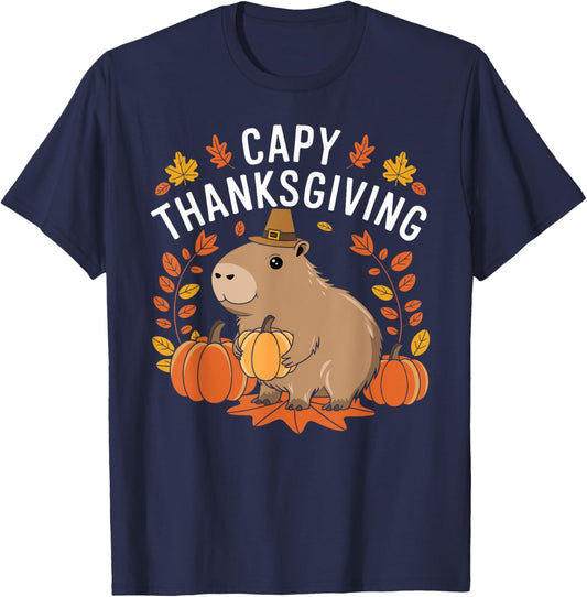 Capy Thanksgiving Funny Capybara Thanksgiving Fall T-Shirt - T-Shirt | Navy