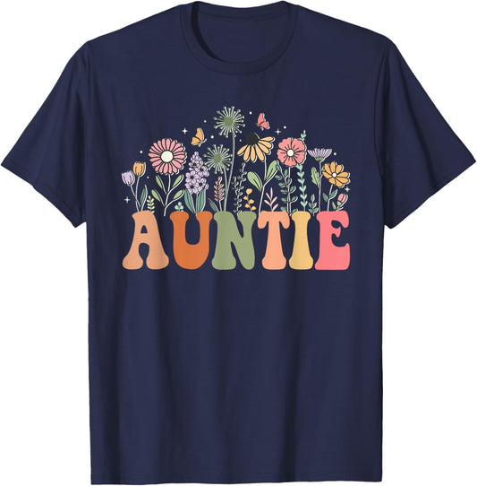 Auntie Wildflower Floral Birthday Baby Shower New Auntie T-Shirt - T-Shirt | Navy