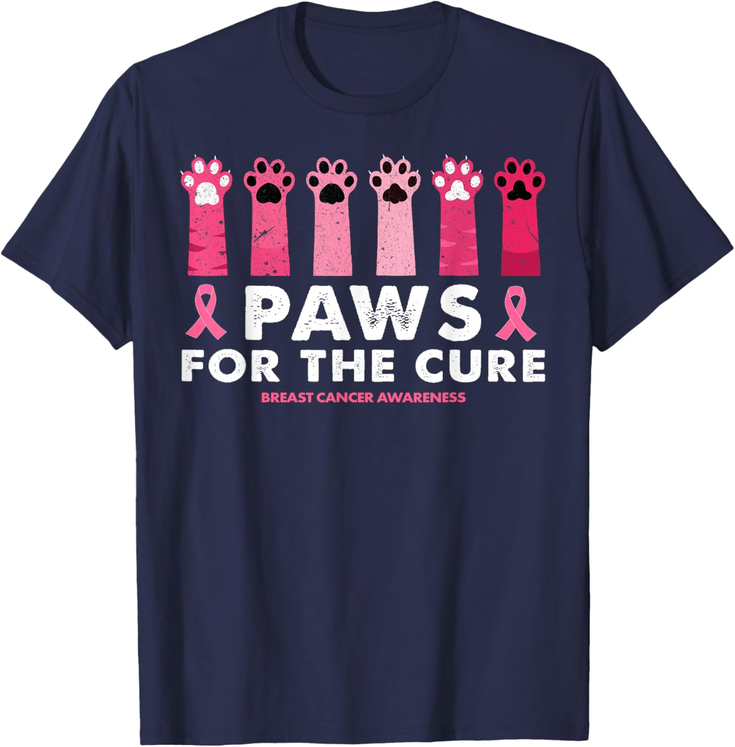 Paws For The Cure Funny Cat Paw Breast Cancer Awareness Men Women T-Shirt - T-Shirt | Navy