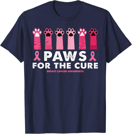 Paws For The Cure Funny Cat Paw Breast Cancer Awareness Men Women T-Shirt - T-Shirt | Navy