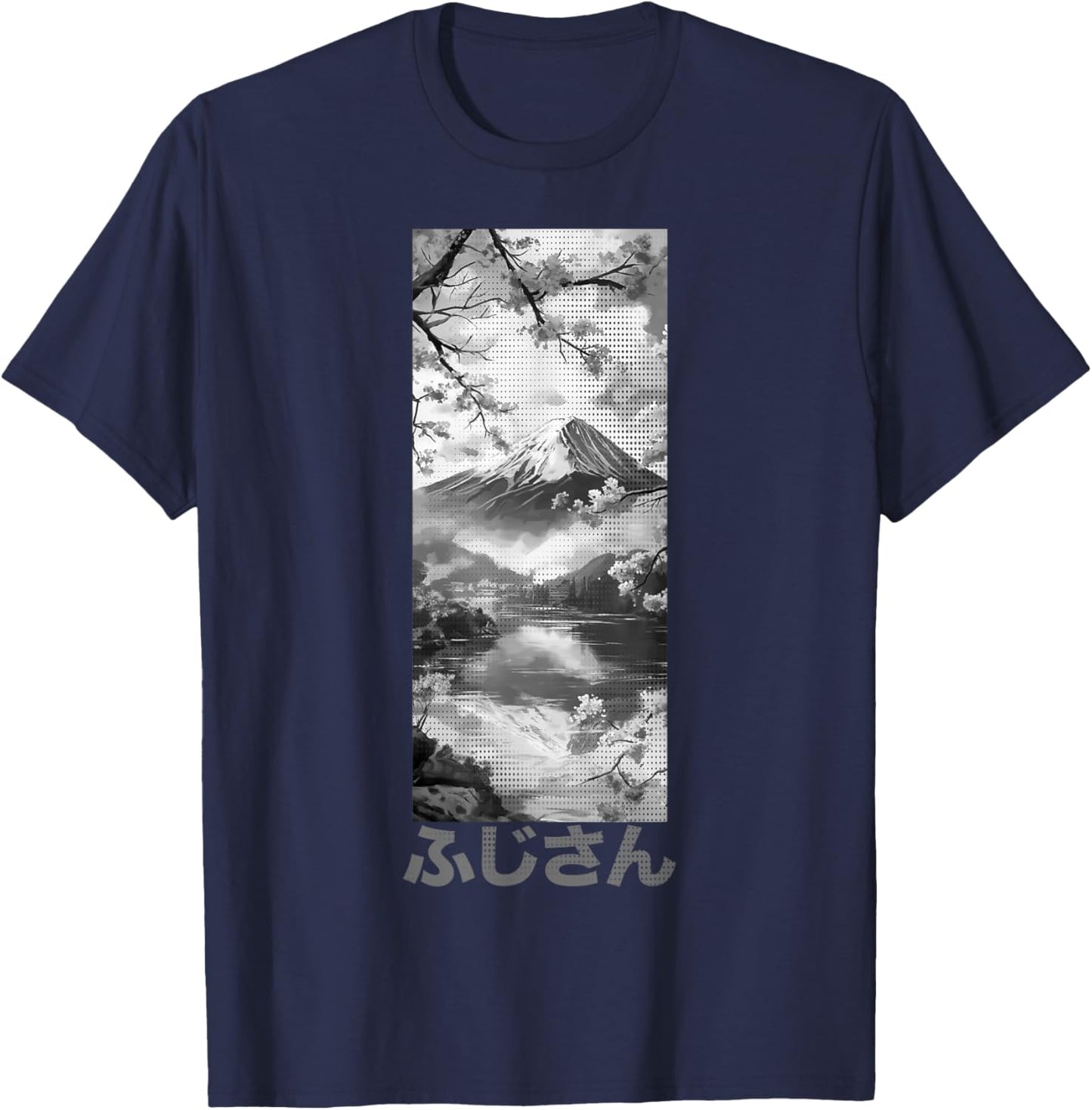 Japanese Aesthetic | Mount Fuji & Cherry Blossom Lofi Design T-Shirt - T-Shirt | Navy