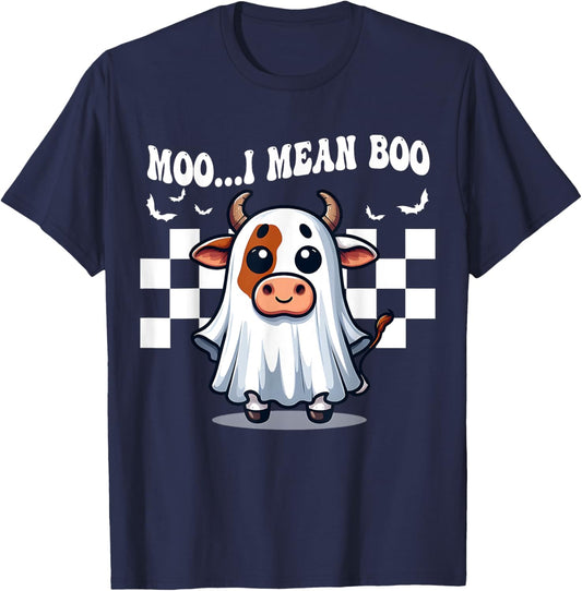 Moo I Mean Boo Ghost Cow funny Halloween men women kids cow T-Shirt - T-Shirt | Navy