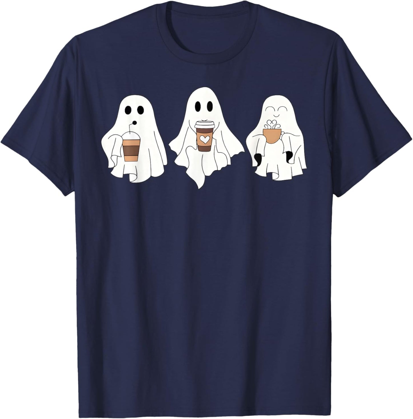 Cute Ghost Drinking Coffee Halloween Ghost Ice Coffee T-Shirt - T-Shirt | Navy