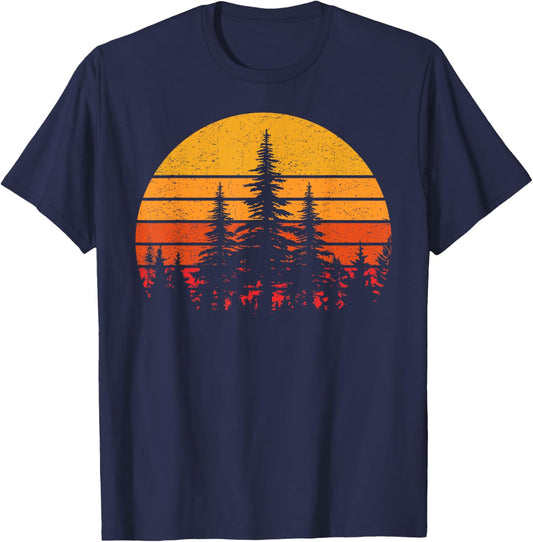 Retro Sun Minimalist Pine Trees Wildlife Nature Forest T-Shirt - T-Shirt | Navy