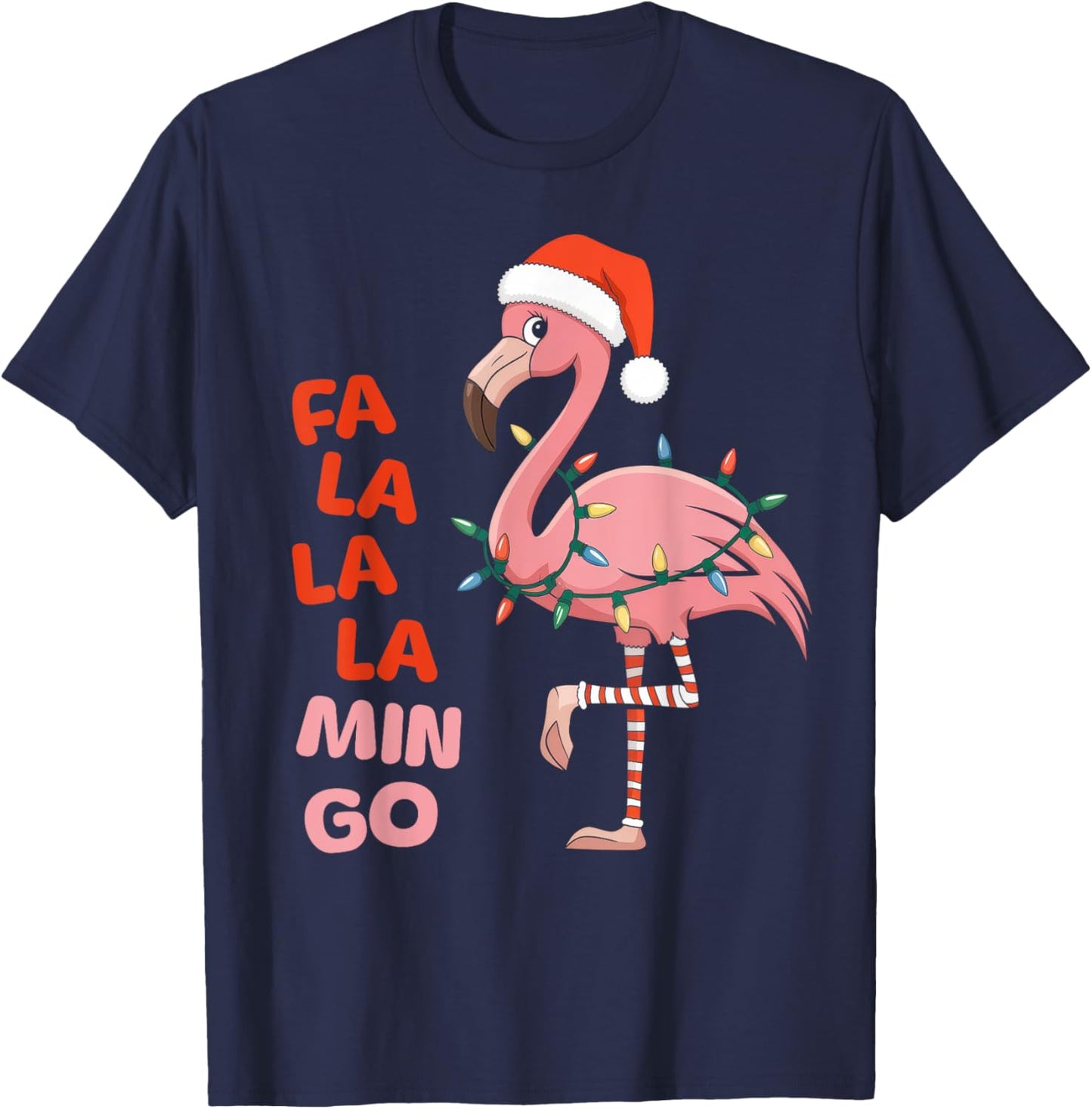 Fa La La Mingo Flamingo Christmas Tree Lights Xmas Tropical T-Shirt - T-Shirt | Navy