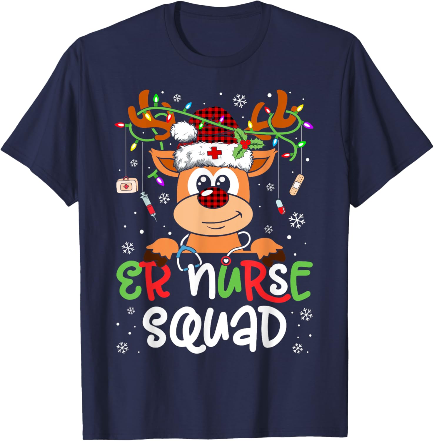 Reindeer Christmas ER Nurse Squad Stethoscope Nurse T-Shirt - T-Shirt | Navy
