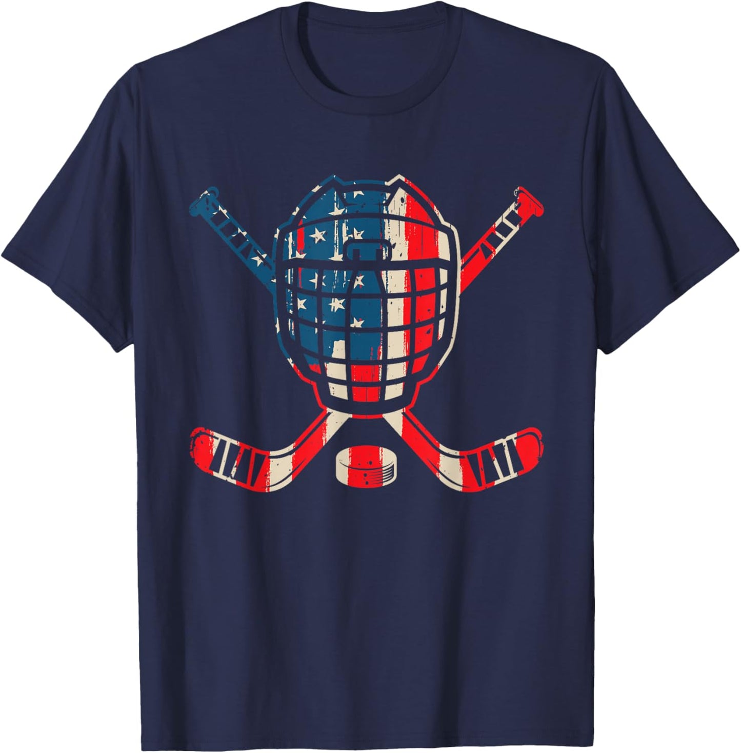 USA American Flag Ice Hockey Goalie Mask Stick Patriotic Boy T-Shirt - T-Shirt | Navy