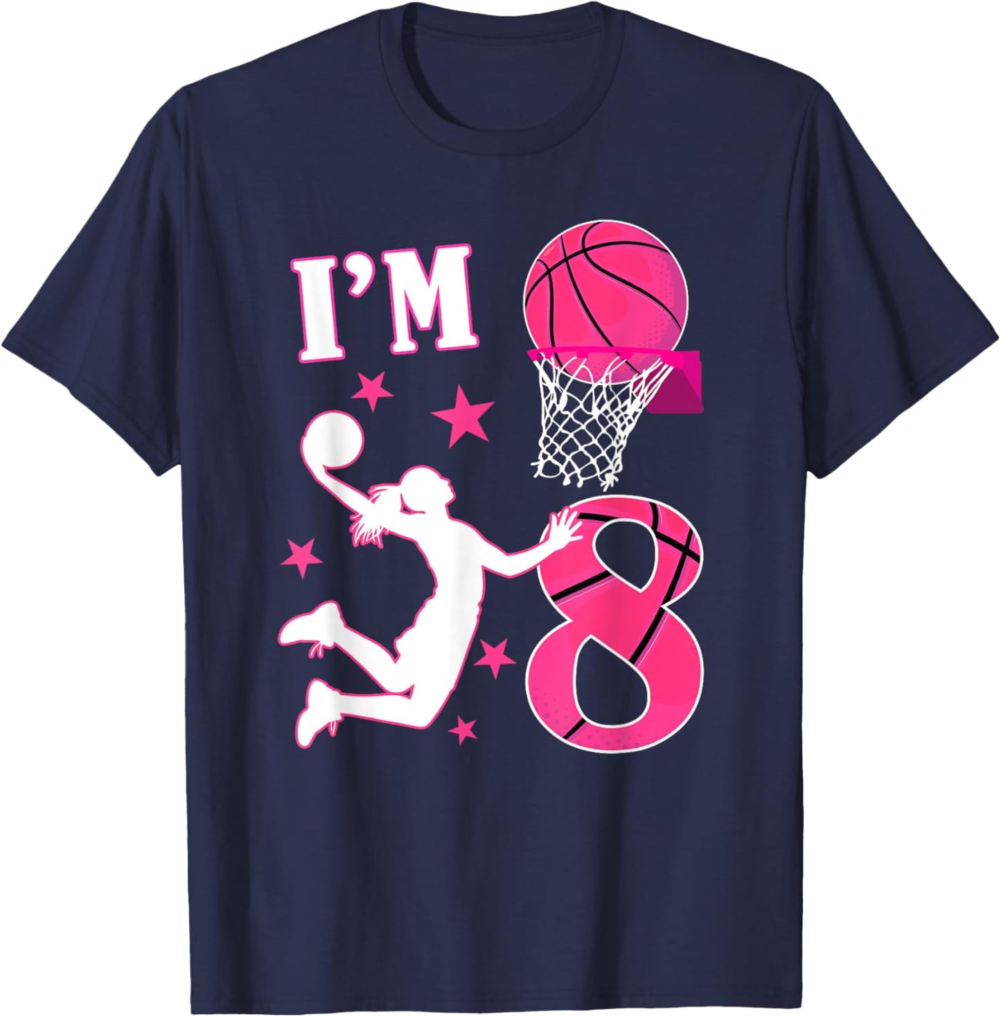8th Birthday Basketball Theme 8 Year Old Girl Birthday T-Shirt - T-Shirt | Navy