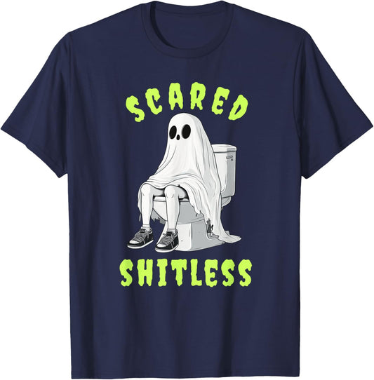 Ghost Sitting On Toilet Scared Shitless Funny Halloween T-Shirt - T-Shirt | Navy
