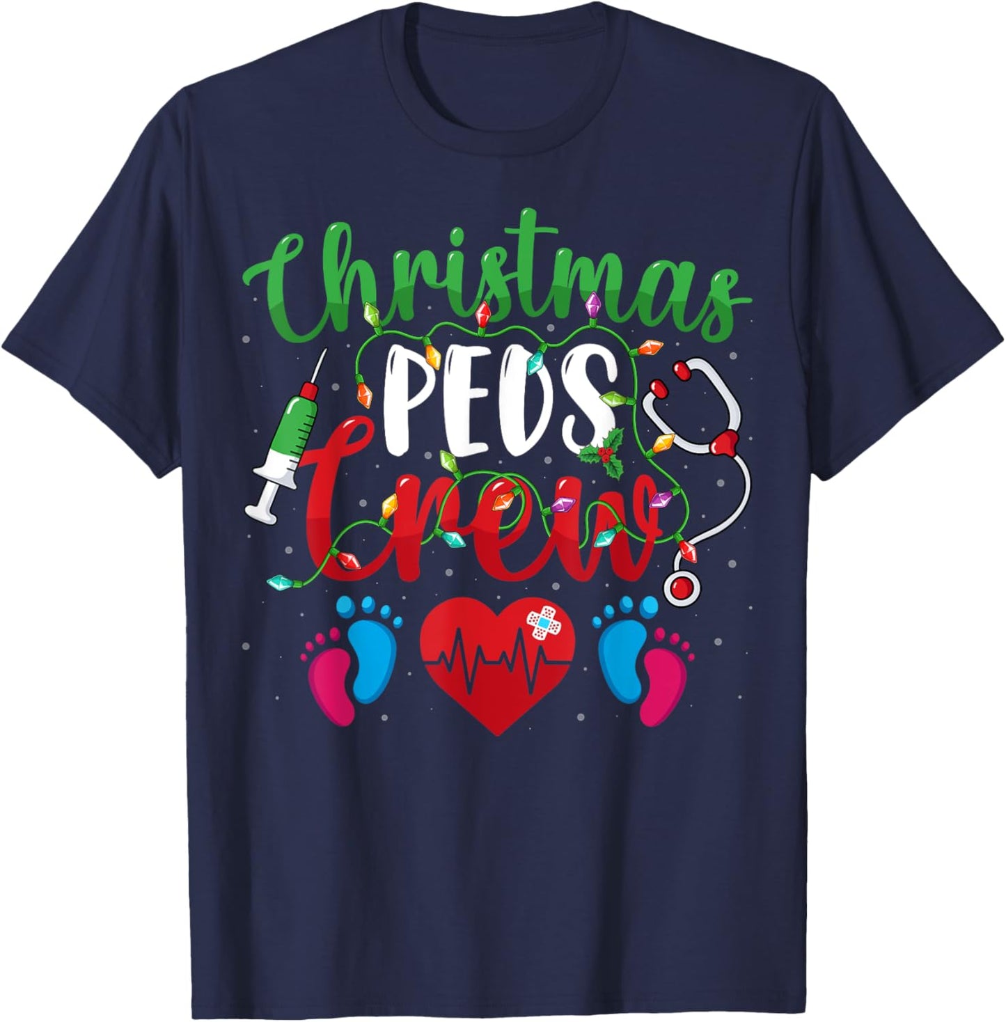 Christmas PEDS Crew Holiday Xmas Lights Pediatric Nurse T-Shirt - T-Shirt | Navy