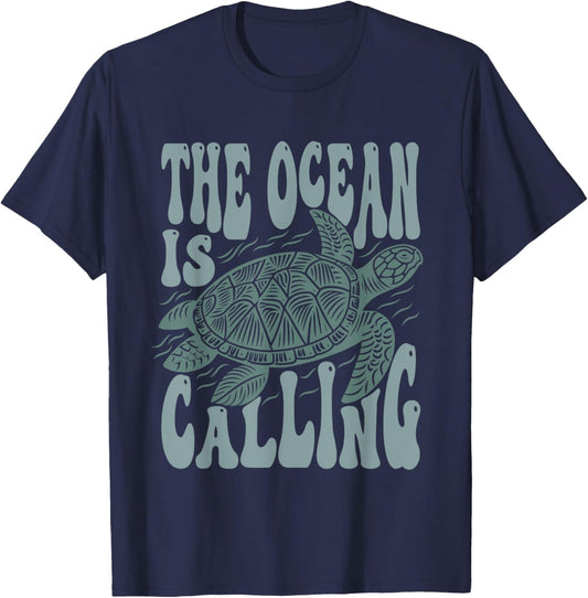 The Ocean Is Calling Nature Lovers Sea Turtle Reptile Art T-Shirt - T-Shirt | Navy